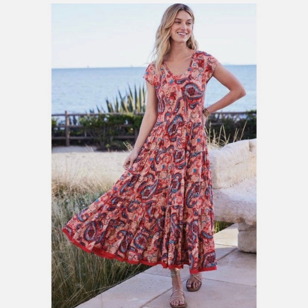 Soft Surroundings | Kara Boho Paisley Blue/Pink Tiered Maxi Dress